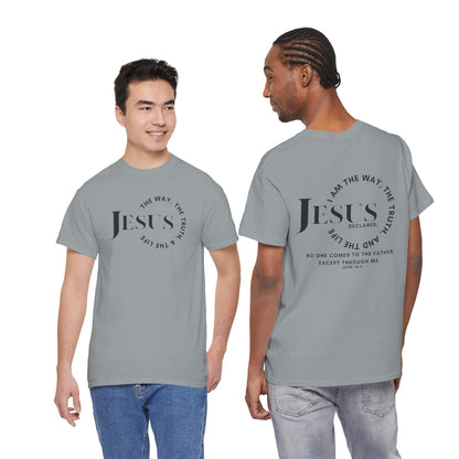 Men's T-Shirt Jesus Is the Way, the Truth, The Life in gray, showing front and back views