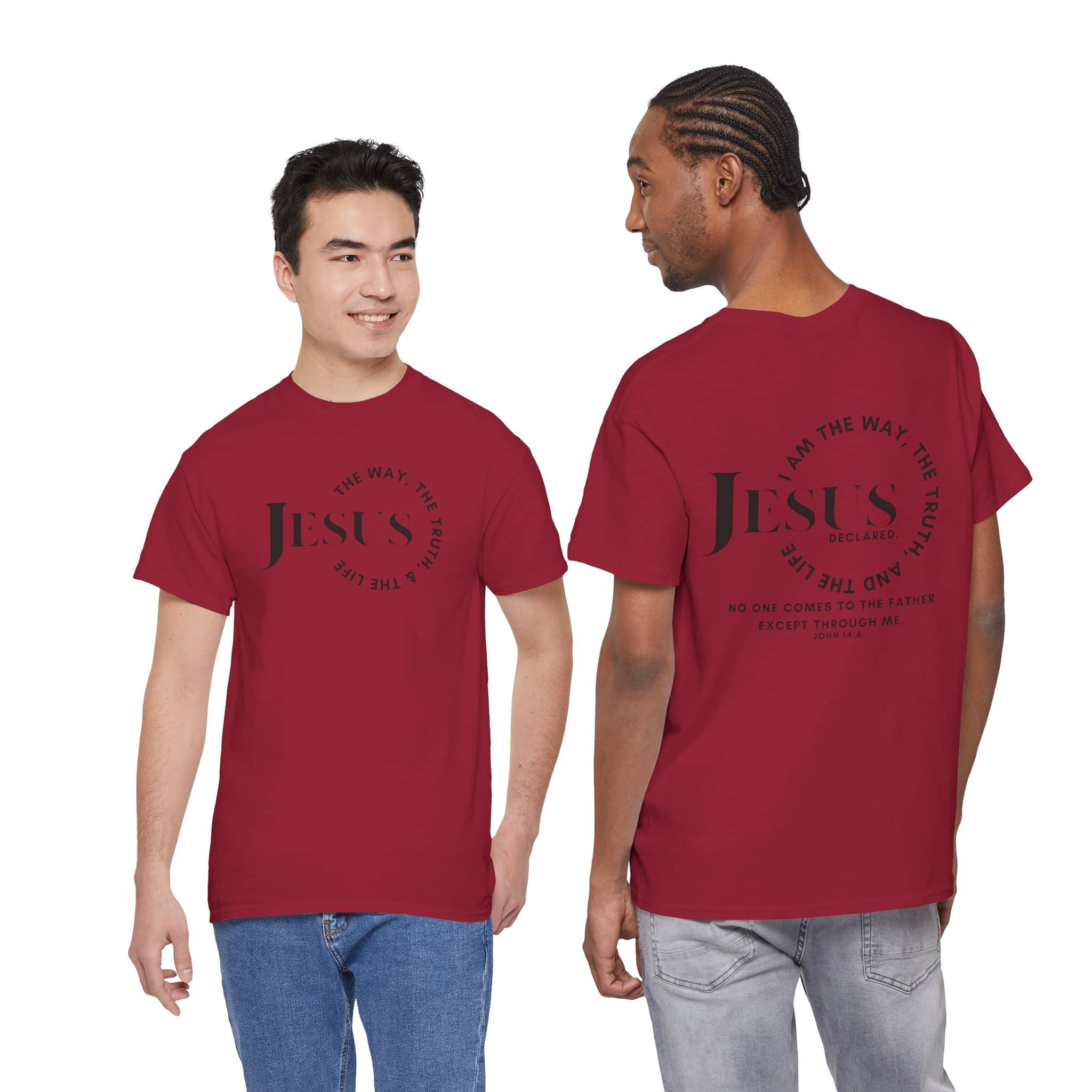 Jesus Is the Way, the Truth, The Life in black on a red fabric, showing front and back views.