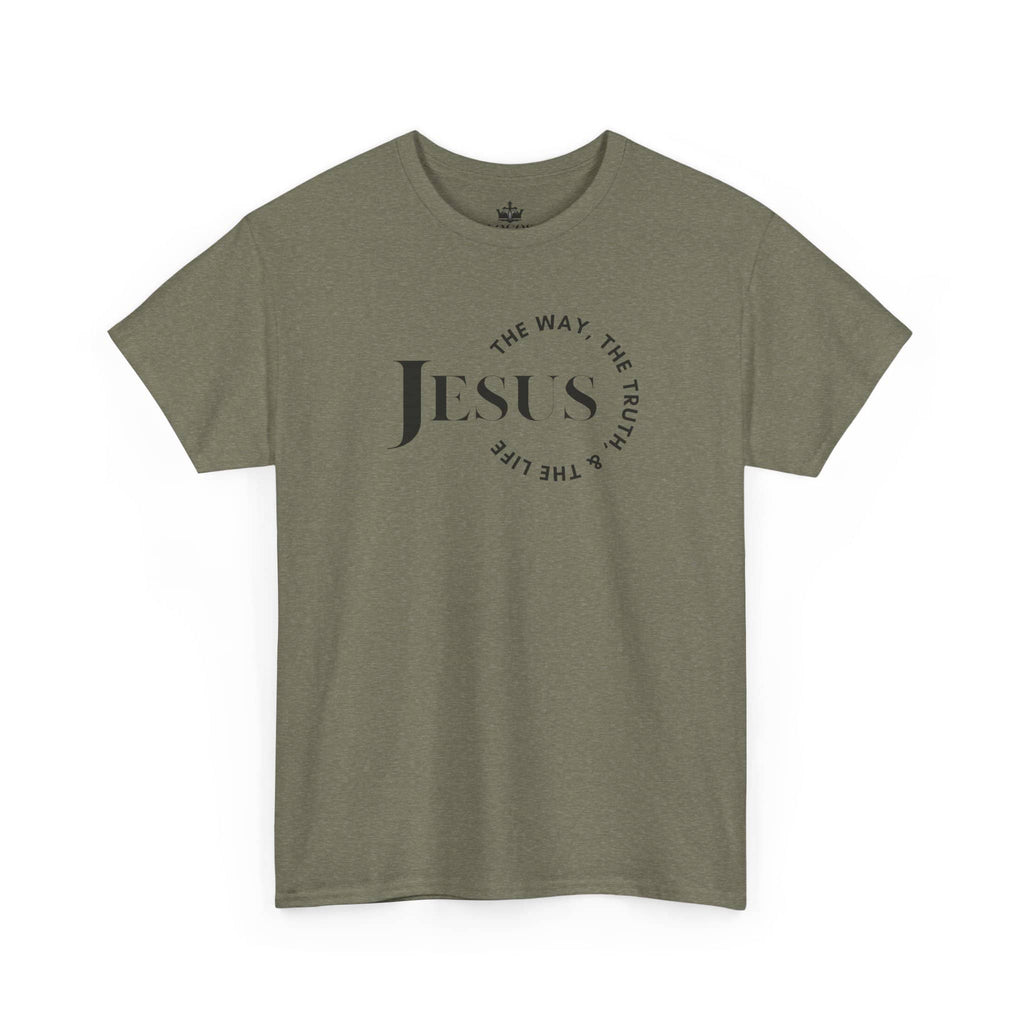 T-Shirt with 'Jesus Is the Way, the Truth' in black on olive green fabric, front view