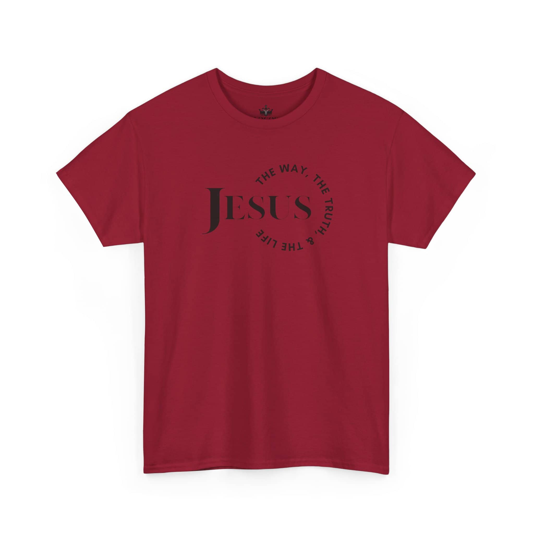 T-Shirt with Jesus Is the Way, the Truth design in white on a red background, front view