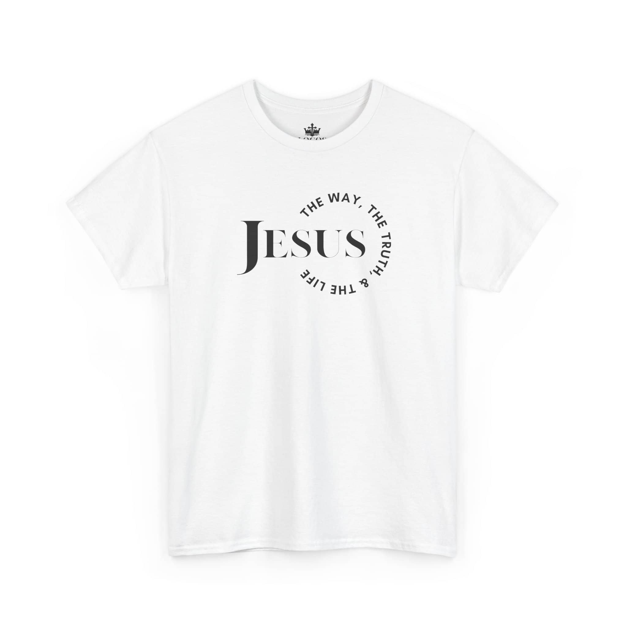 T-Shirt with Jesus Is the Way, the Truth printed in black on a white T-Shirt, front view