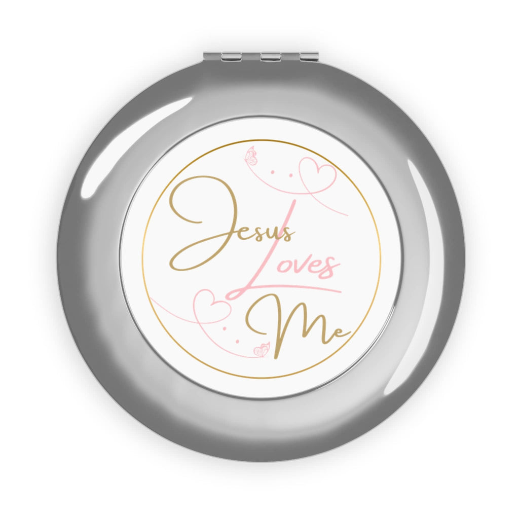 Jesus Loves Me compact mirror featuring elegant script and heart designs in a sleek silver case