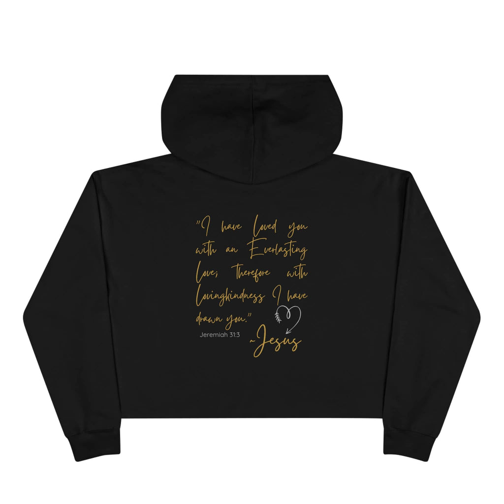 Jesus Loves Me crop hoodie in black with gold scripture and heart design for a stylish faith statement