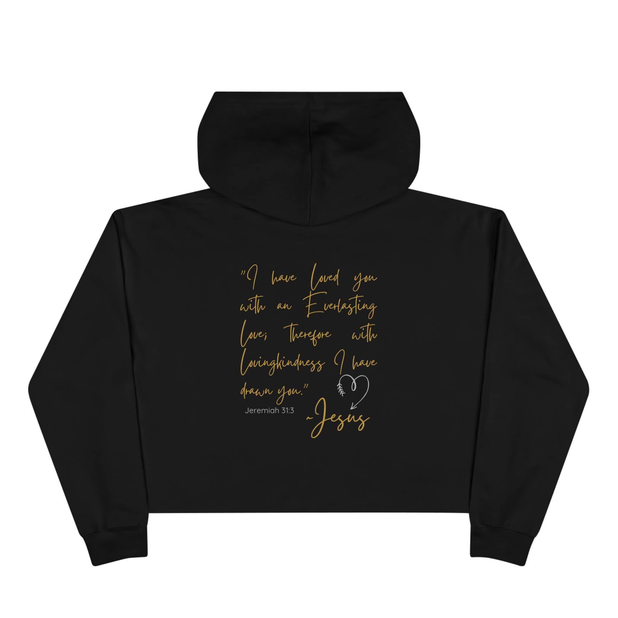 Jesus Loves Me crop hoodie in black with gold scripture and heart design for a stylish faith statement