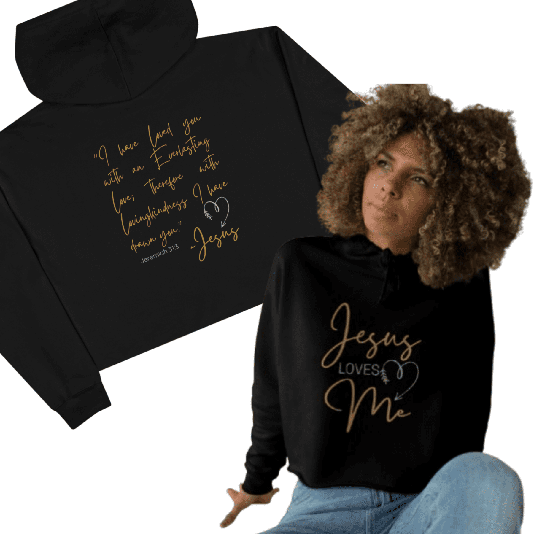 Black Jesus Loves Me crop hoodie featuring a stylish quote and heart design