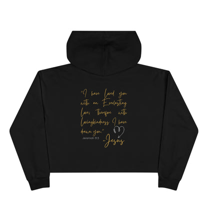 Black Jesus Loves Me crop hoodie from Logos with gold scripture quote and heart design on the back