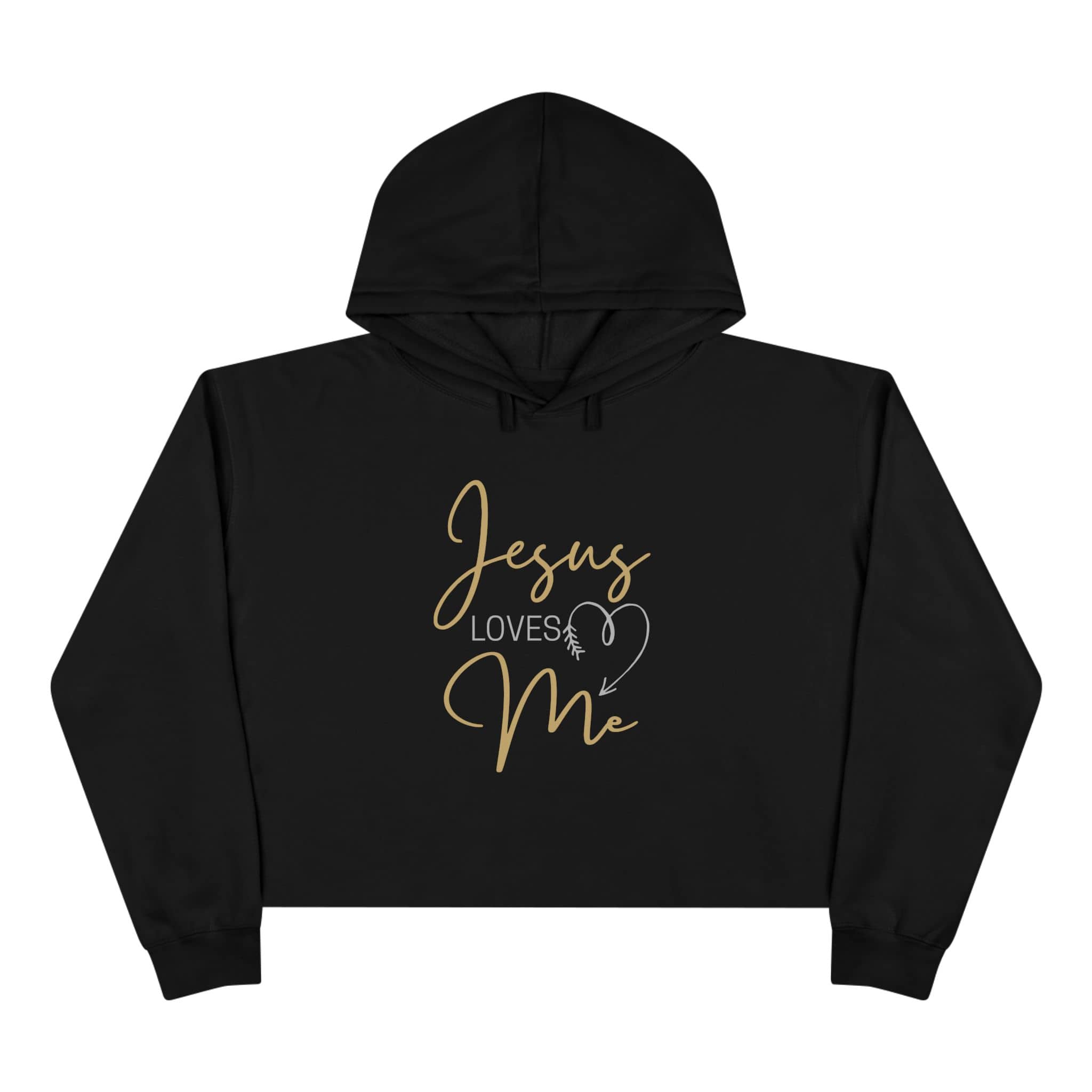 Black Jesus Loves Me crop hoodie featuring gold text and heart design for stylish comfort