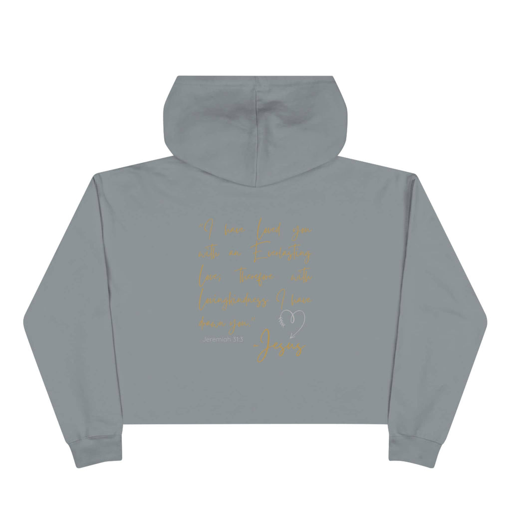 Jesus Loves Me crop hoodie in gray with inspirational gold text on the back