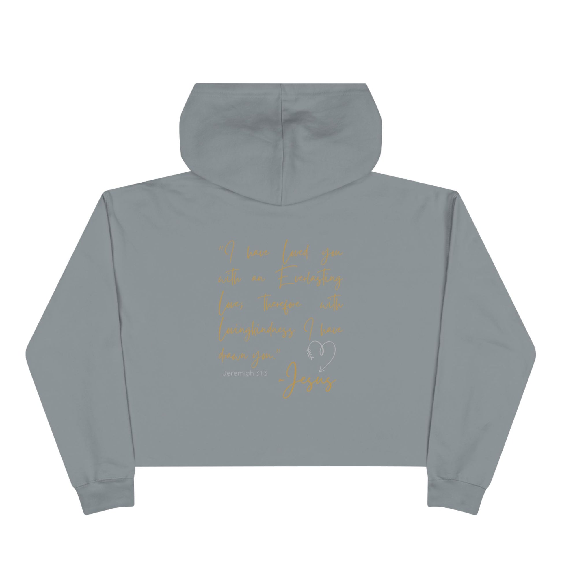 Back view of gray Jesus Loves Me crop hoodie from Logos with religious text and heart design