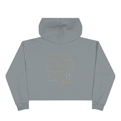 Back view of gray Jesus Loves Me crop hoodie from Logos with religious text and heart design