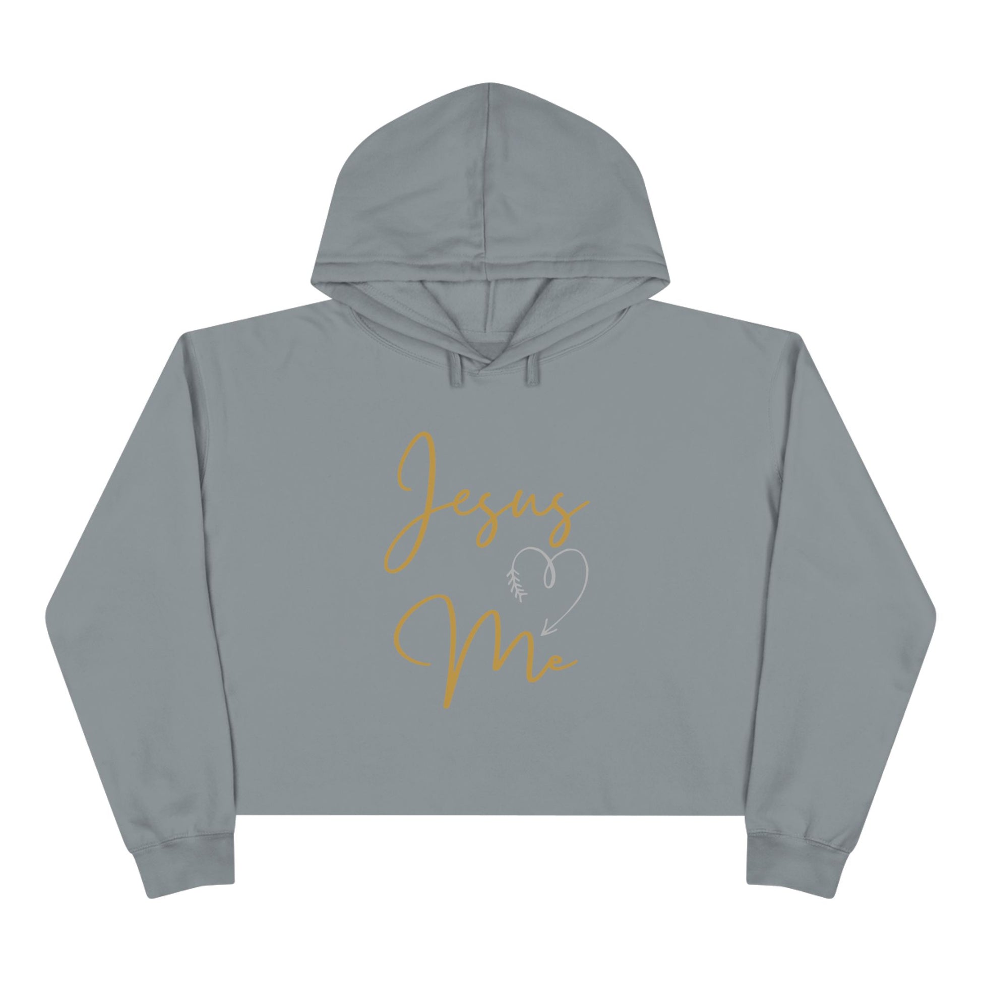 Gray Jesus Loves Me crop hoodie with yellow script and heart design by Logos Co.
