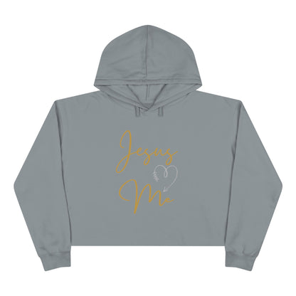 Gray Jesus Loves Me crop hoodie with yellow script and heart design by Logos Co.