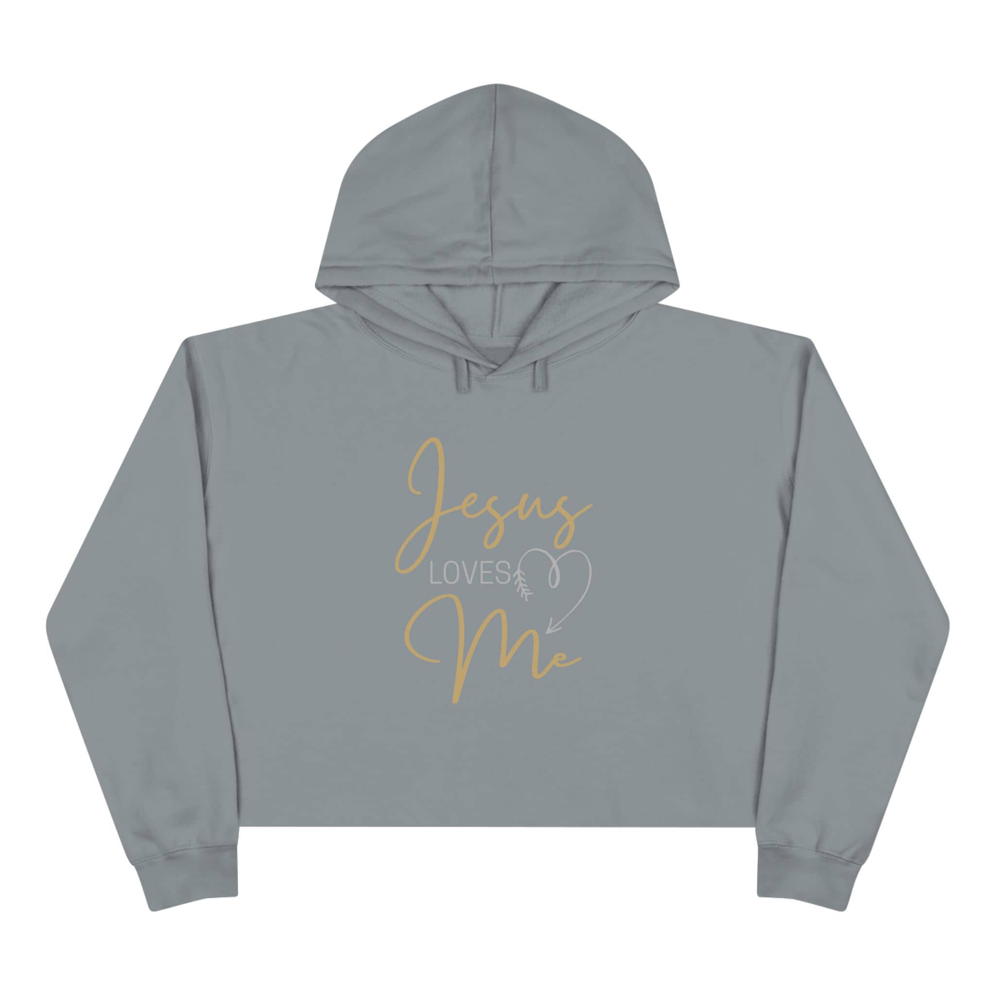 Jesus Loves Me crop hoodie in gray with stylish lettering and a heart design for casual comfort