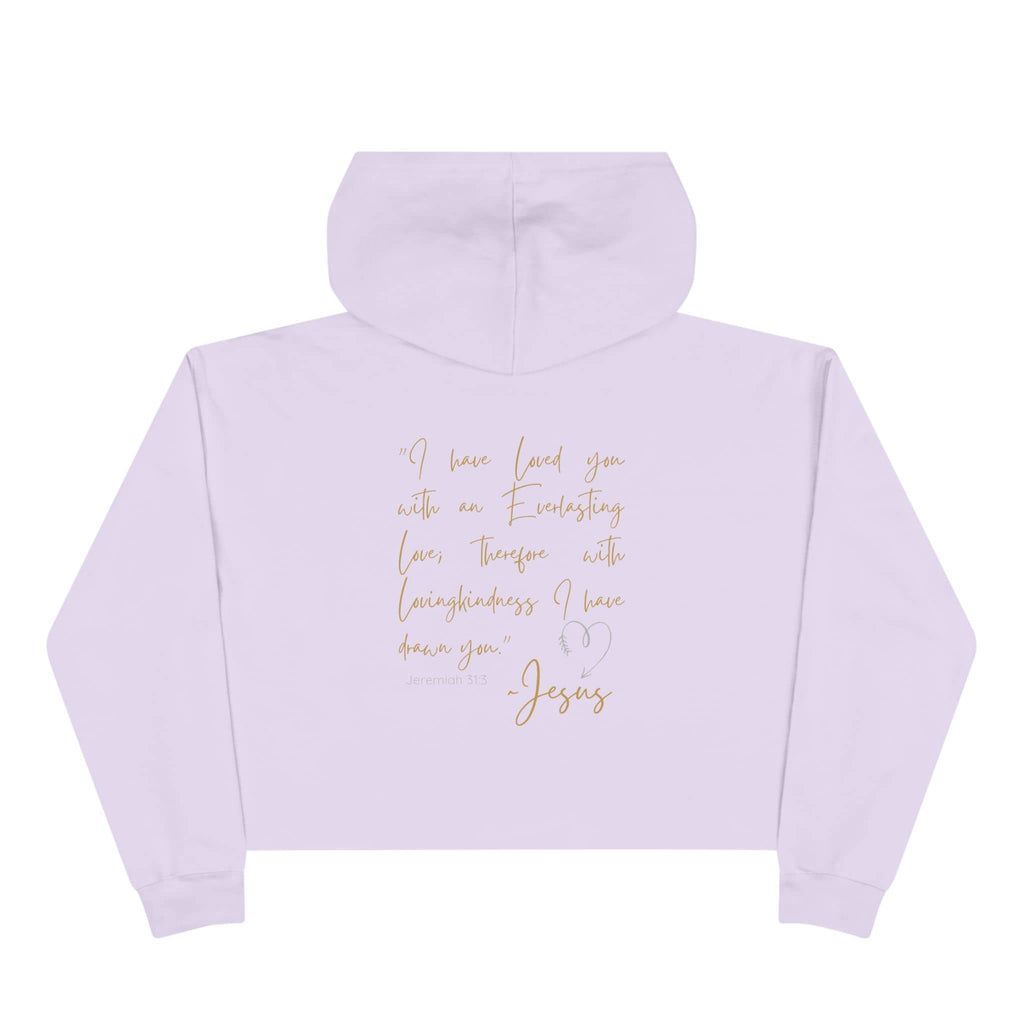Jesus Loves Me crop hoodie in lavender featuring inspirational quote and hood for casual wear
