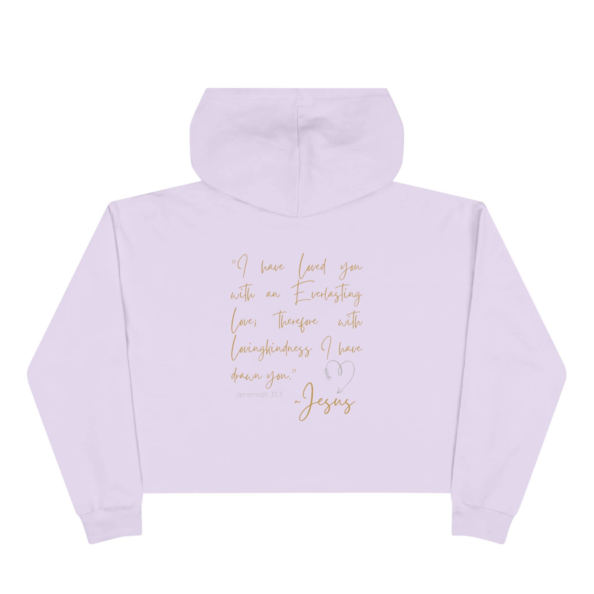 Jesus Loves Me crop hoodie in lavender featuring inspirational quote and hood for casual wear