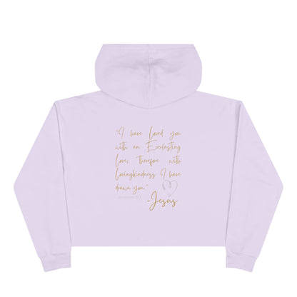 Back view of lavender Jesus Loves Me crop hoodie with gold script religious text and a hood
