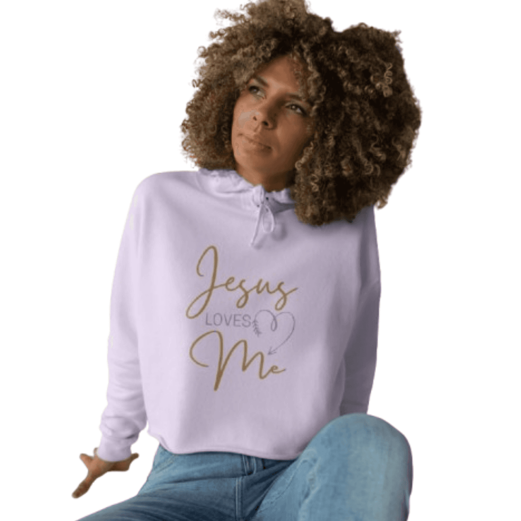Jesus Loves Me crop hoodie in stylish lavender with a heart design for casual wear