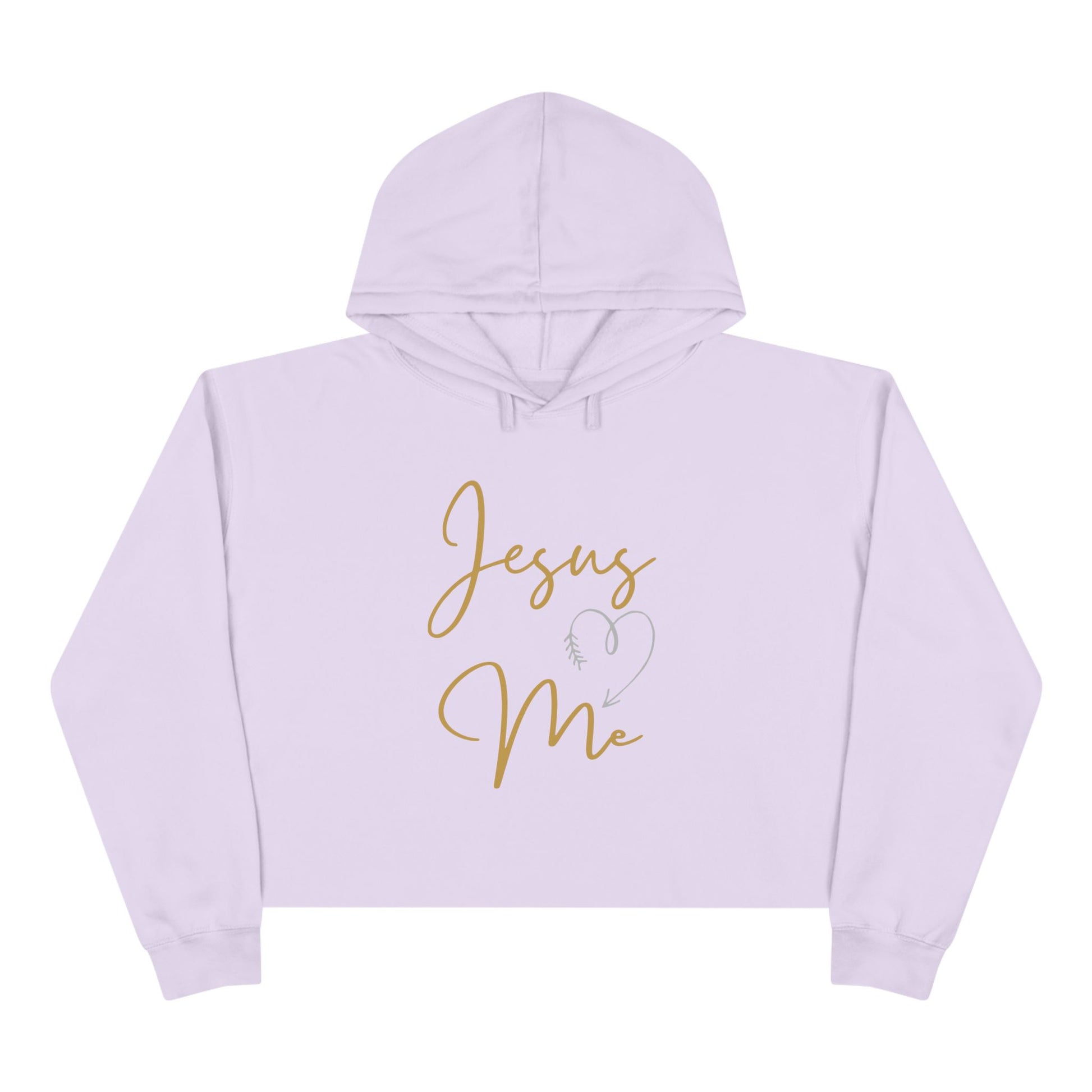 Lavender Jesus Loves Me crop hoodie with gold script text and heart design from Logos 