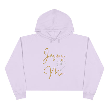 Lavender Jesus Loves Me crop hoodie with gold script text and heart design from Logos 