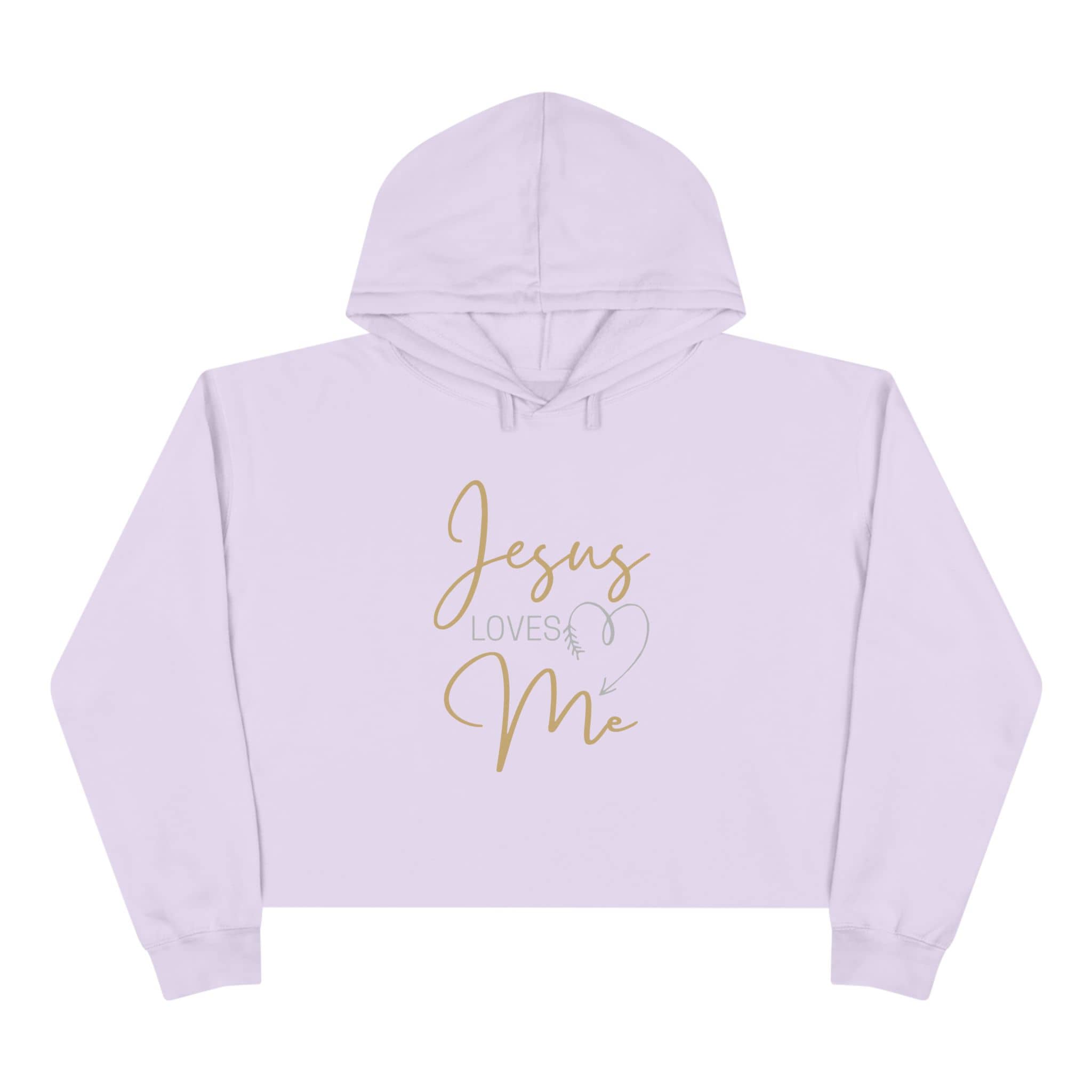 Light purple Jesus Loves Me crop hoodie with elegant gold lettering for casual wear