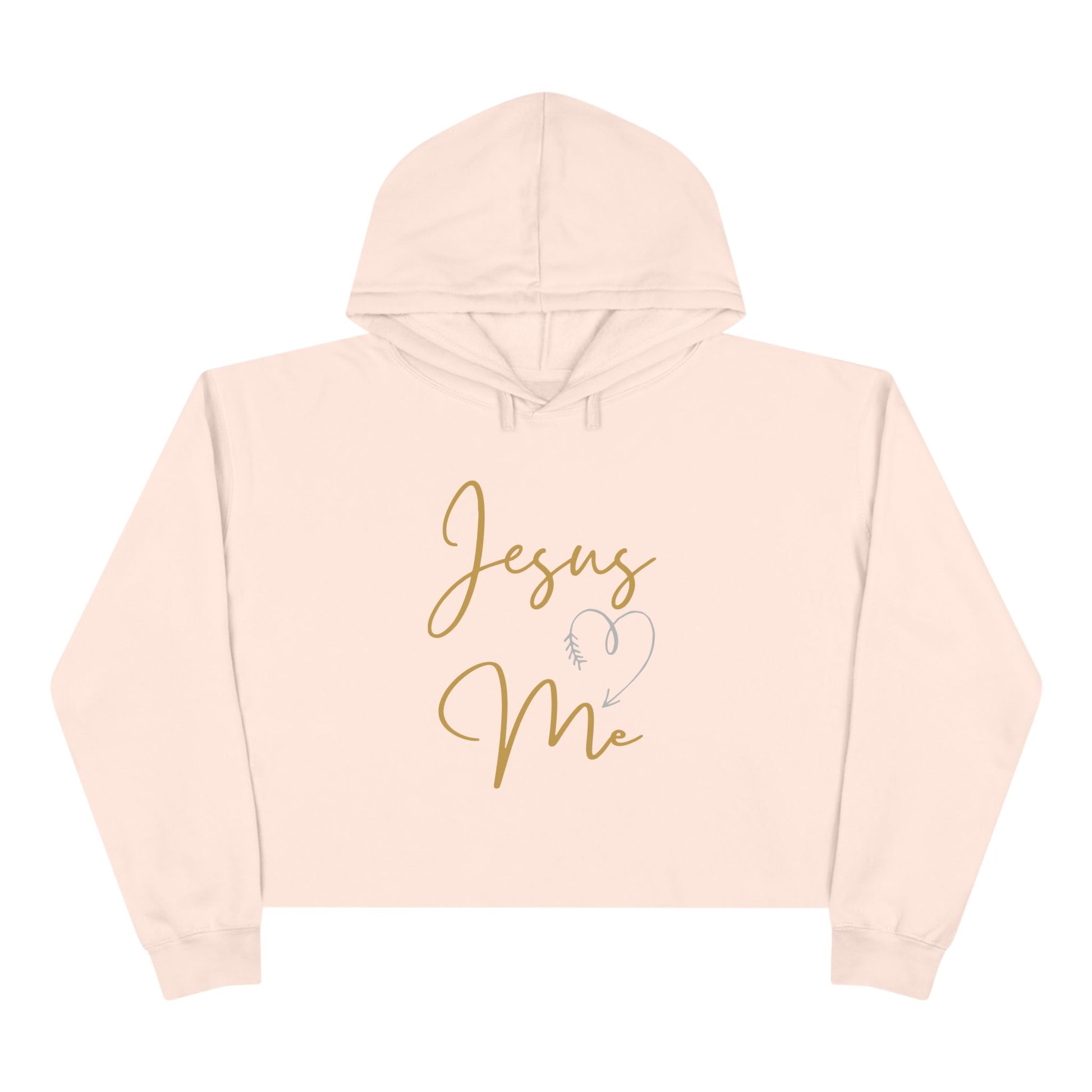 Logos Co. light pink Jesus Loves Me crop hoodie with gold script and heart graphic design