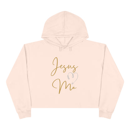 Logos Co. light pink Jesus Loves Me crop hoodie with gold script and heart graphic design