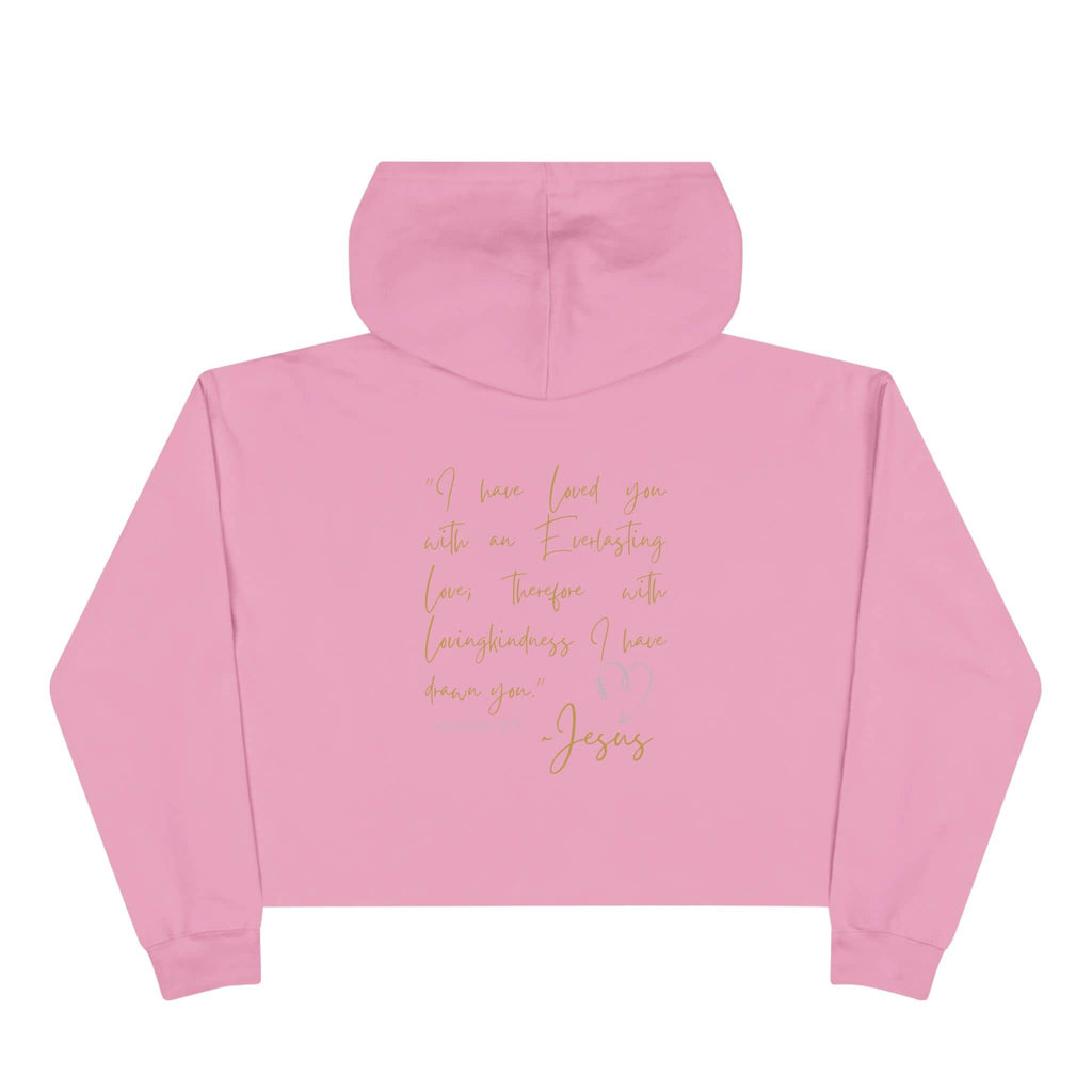Pink Jesus Loves Me crop hoodie featuring elegant gold script design on the back