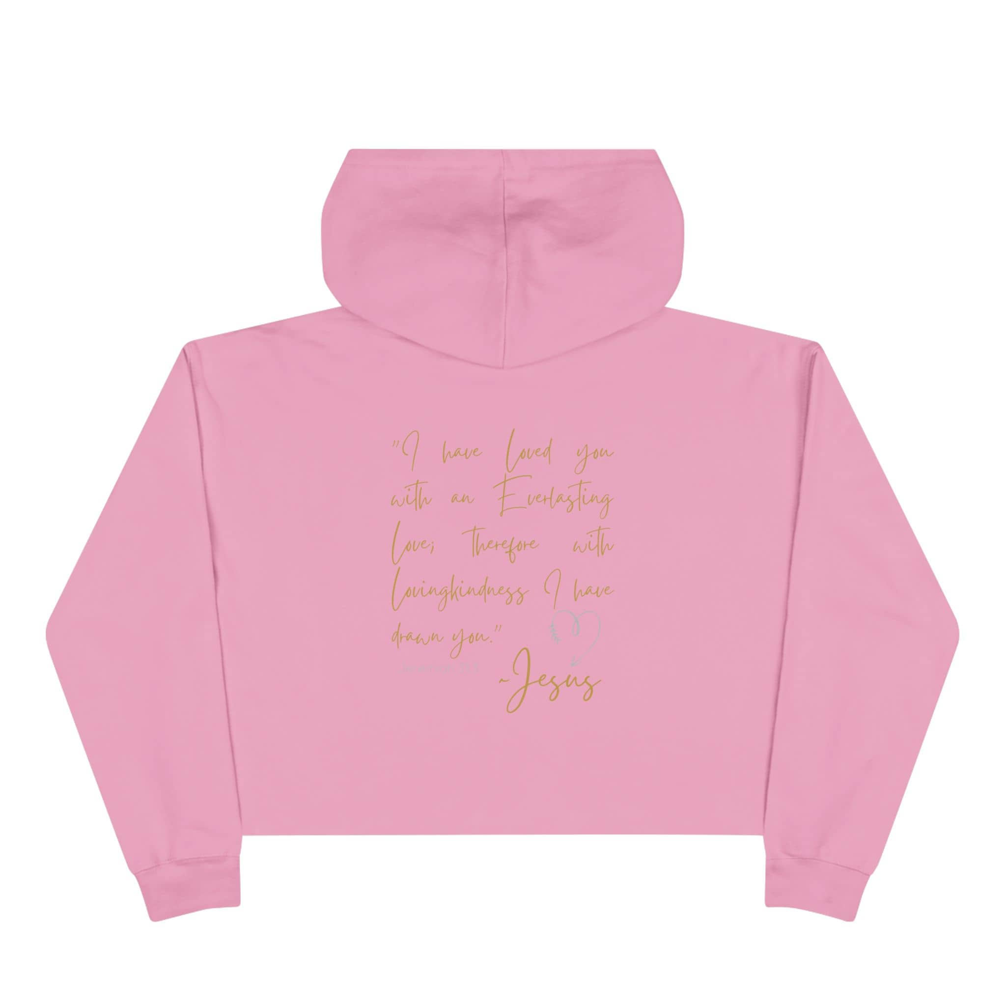 Pink Jesus Loves Me crop hoodie featuring elegant gold script design on the back
