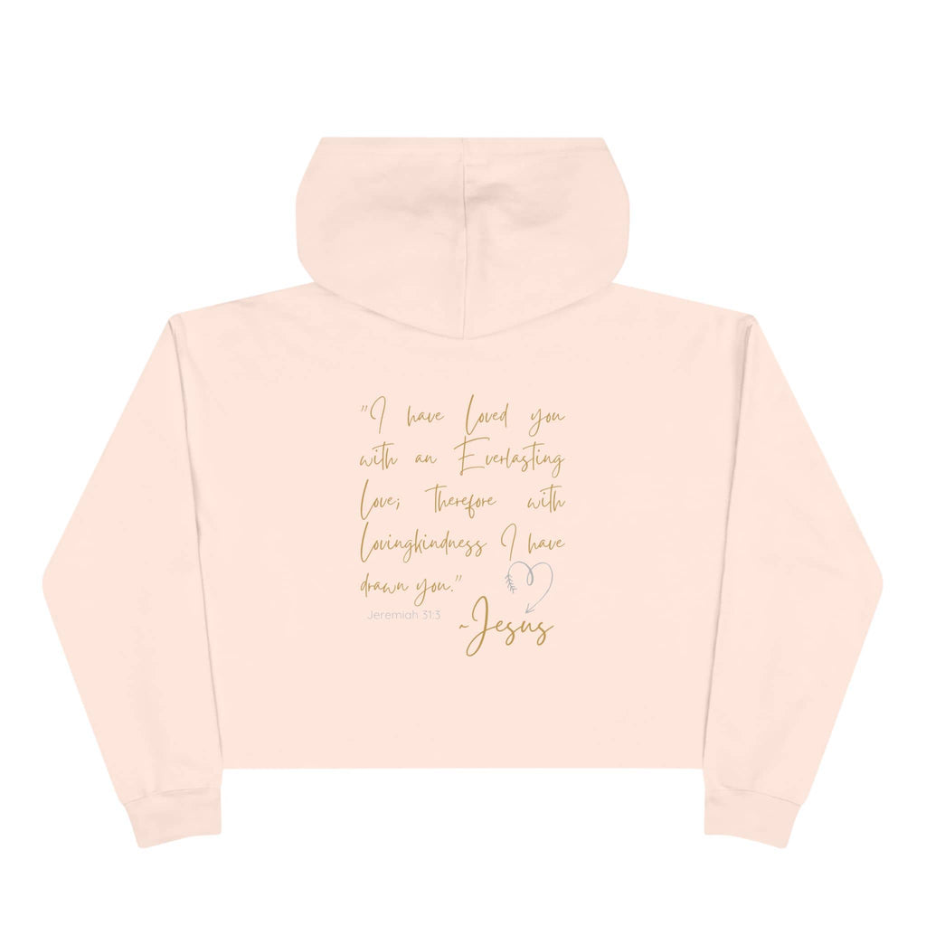 Jesus Loves Me crop hoodie in soft pink with inspirational text and a hood for comfortable wear