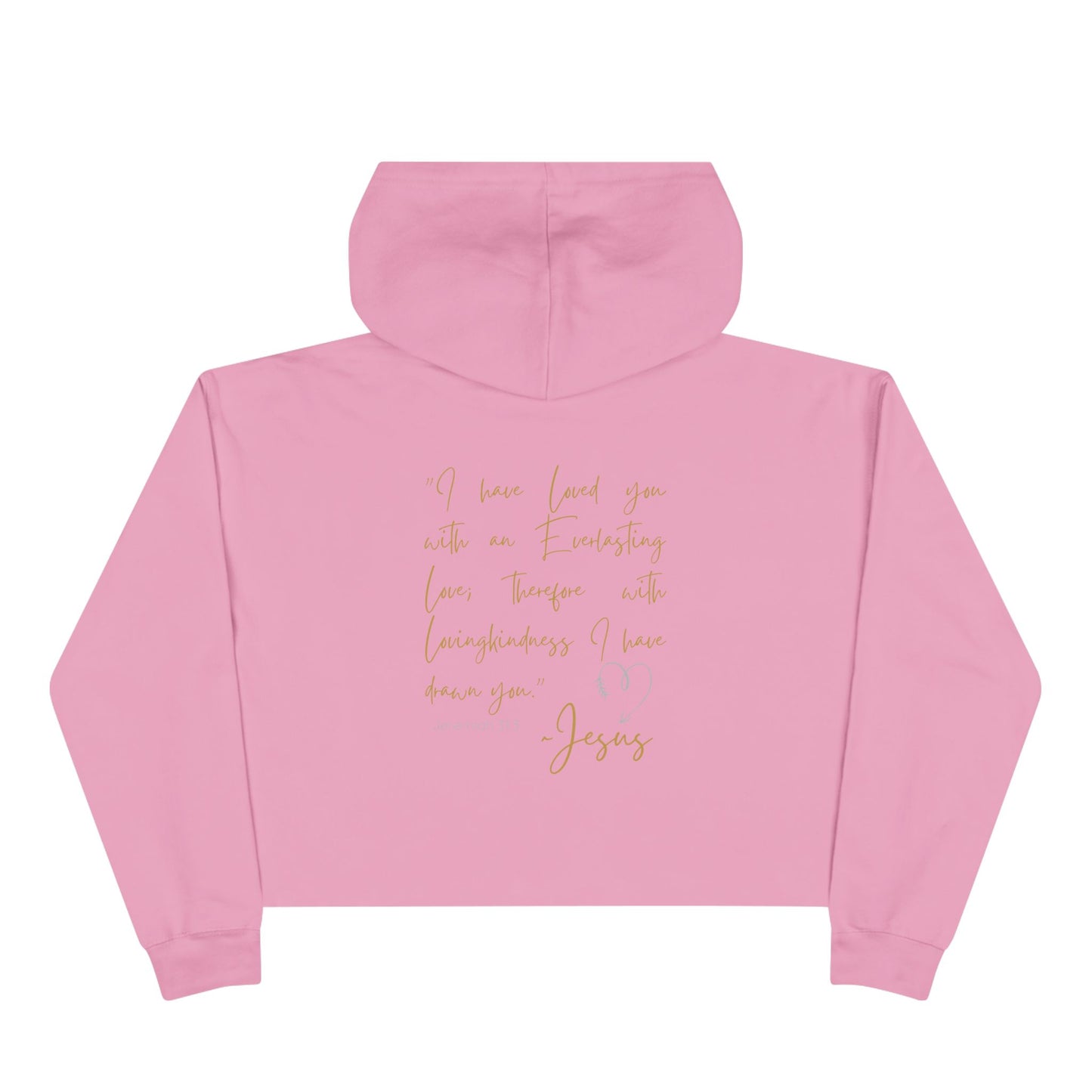 Pink Jesus Loves Me crop hoodie with gold script text on back and attached hood by Logos Co.