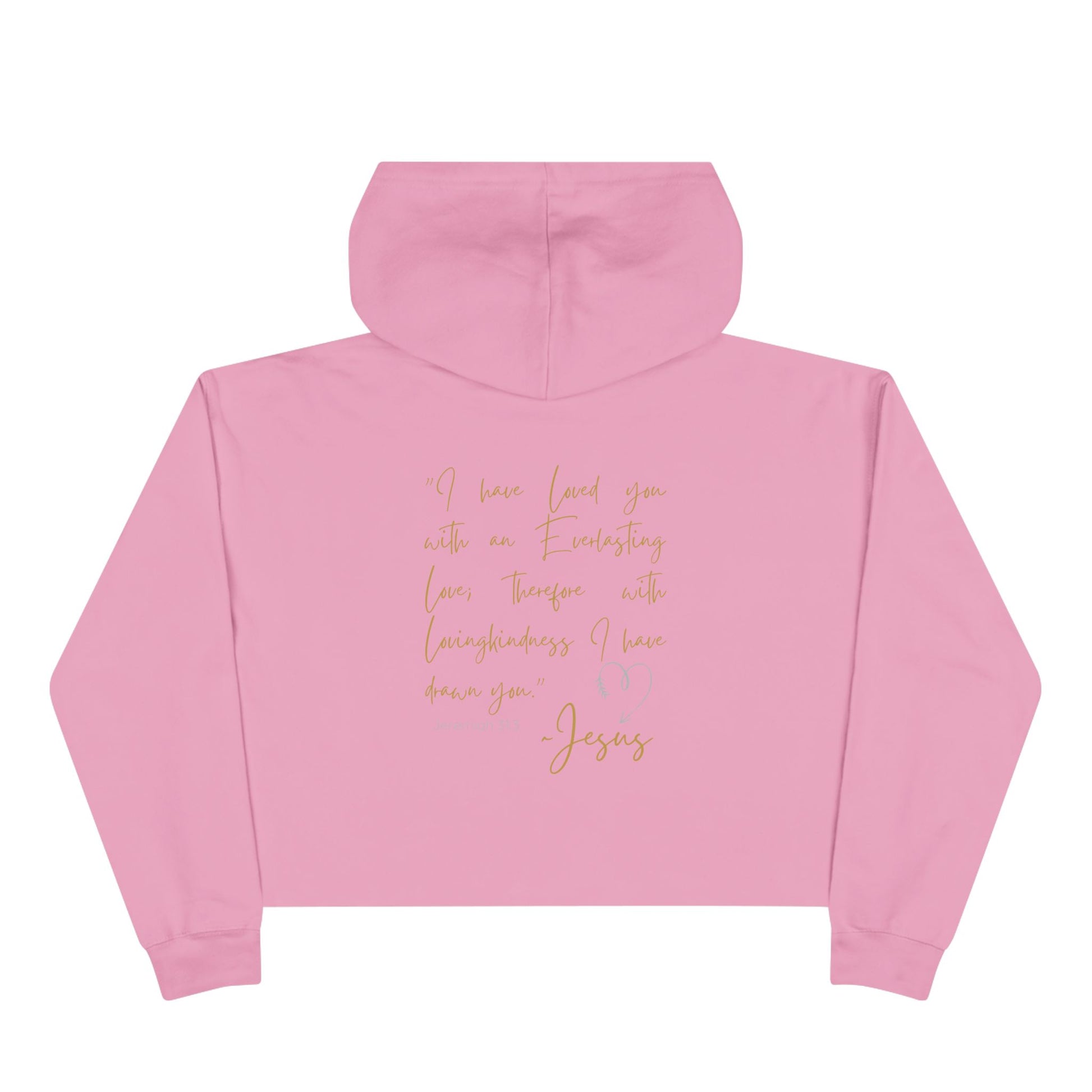 Pink Jesus Loves Me crop hoodie with gold script text on back and attached hood by Logos Co.
