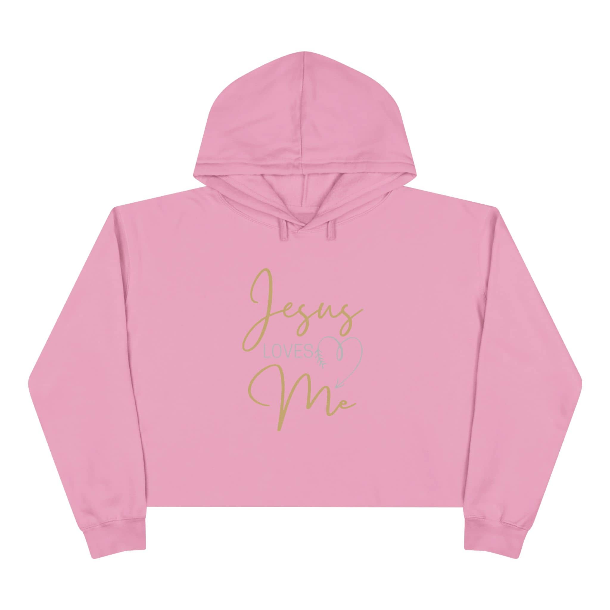 Jesus Loves Me crop hoodie in pink with stylish gold text design for casual wear