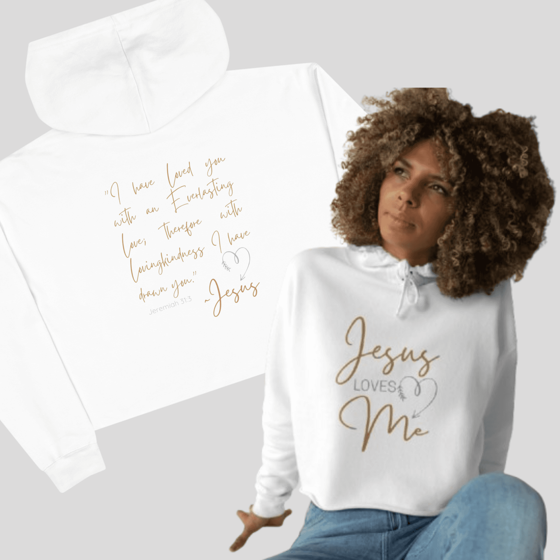 White Jesus Loves Me crop hoodie featuring inspirational quote and heart design