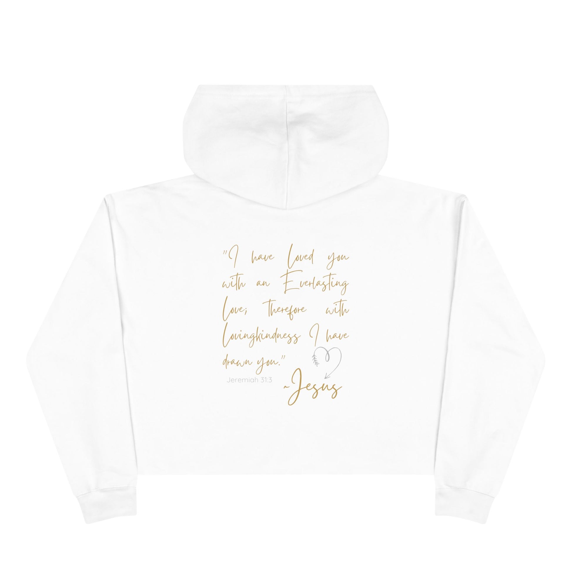 White Jesus Loves Me crop hoodie with gold script Bible verse and heart design on back