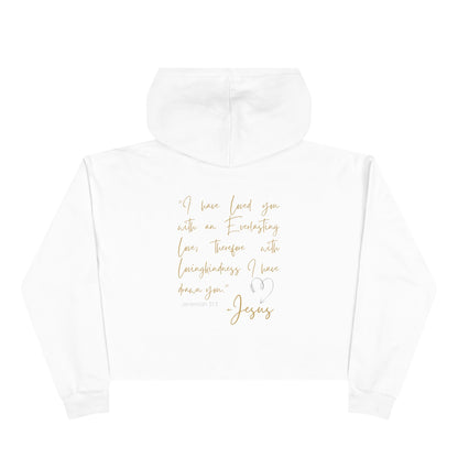 White Jesus Loves Me crop hoodie with gold script Bible verse and heart design on back