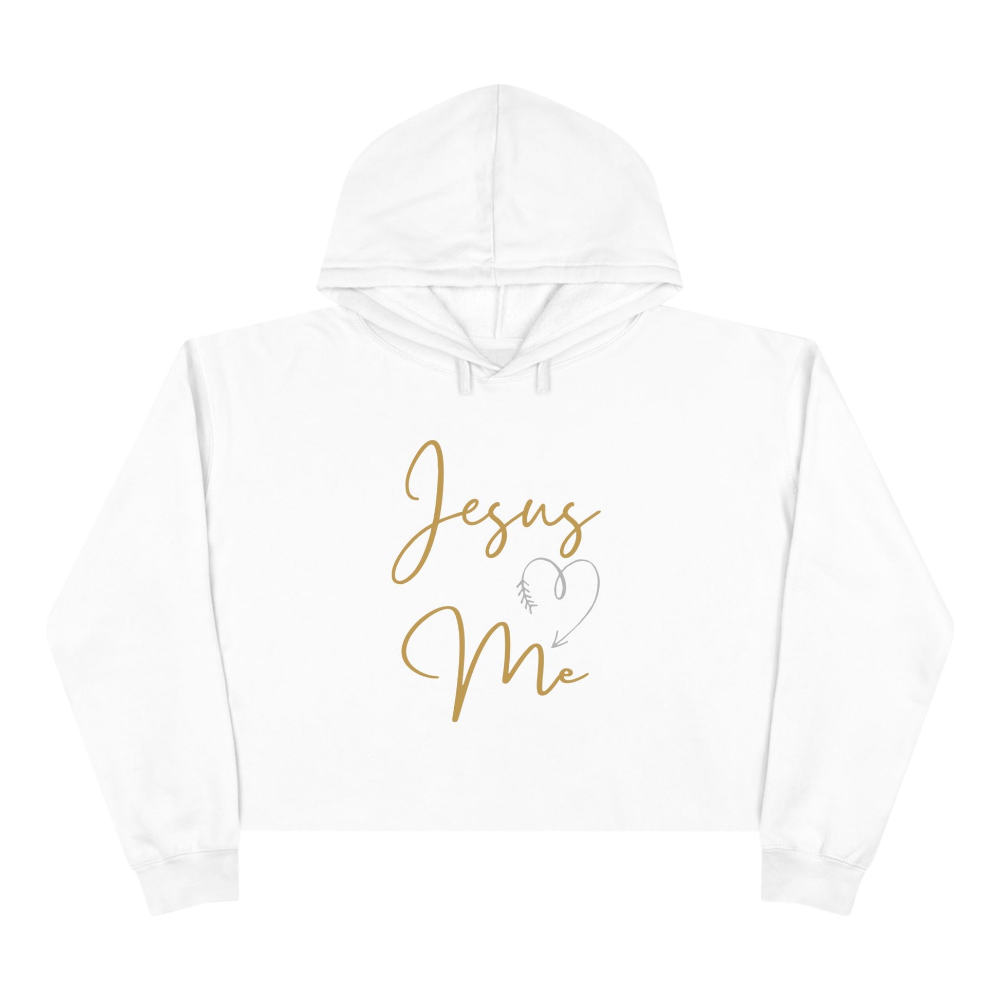 White Jesus Loves Me crop hoodie with gold script and heart design by Logos 