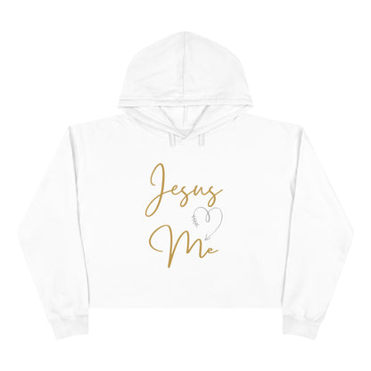White Jesus Loves Me crop hoodie with gold script and heart design by Logos 