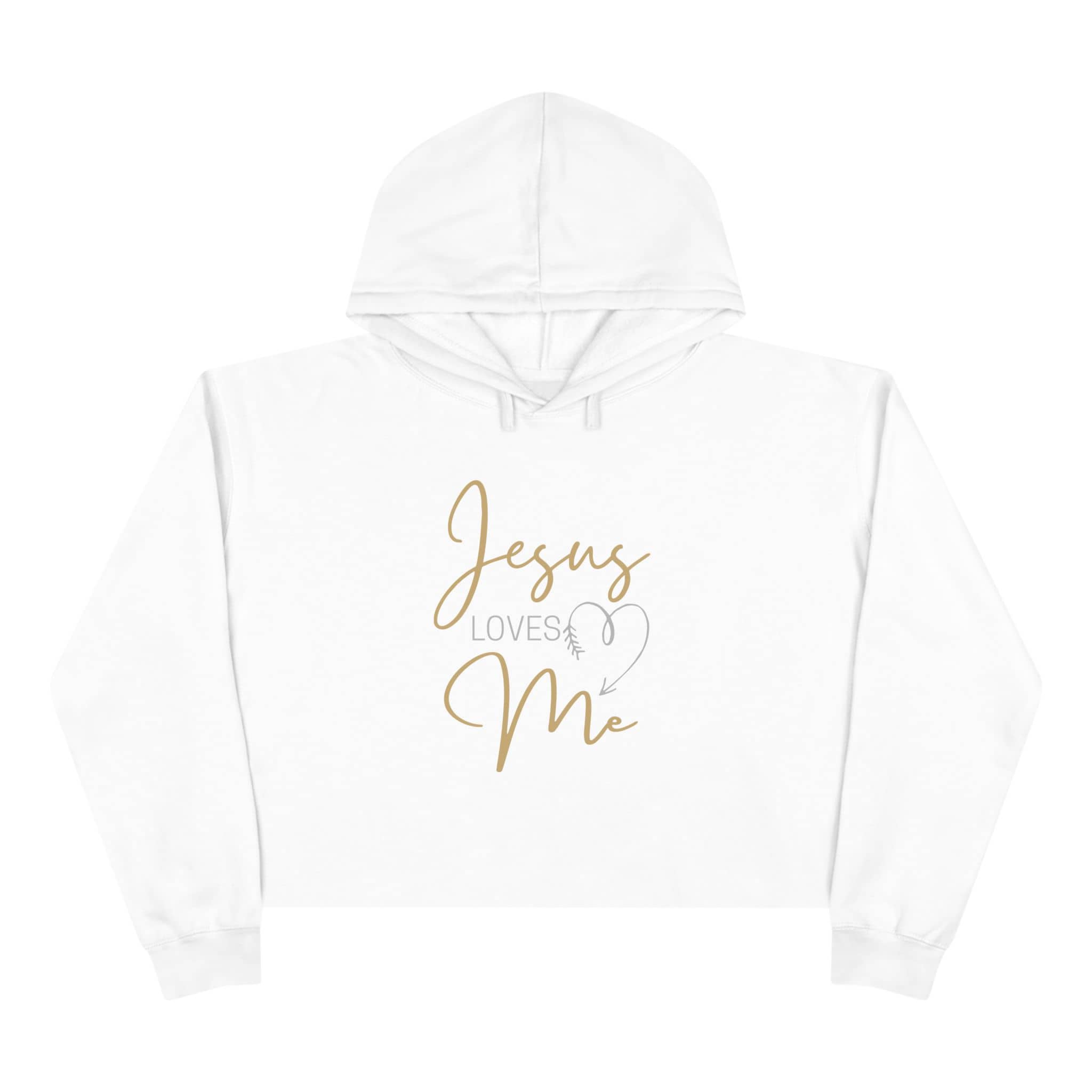 White Jesus Loves Me crop hoodie with stylish gold lettering and a heart design