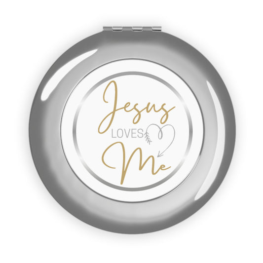 Silver faith mirror with the text Jesus Loves Me in elegant script, perfect for daily inspiration