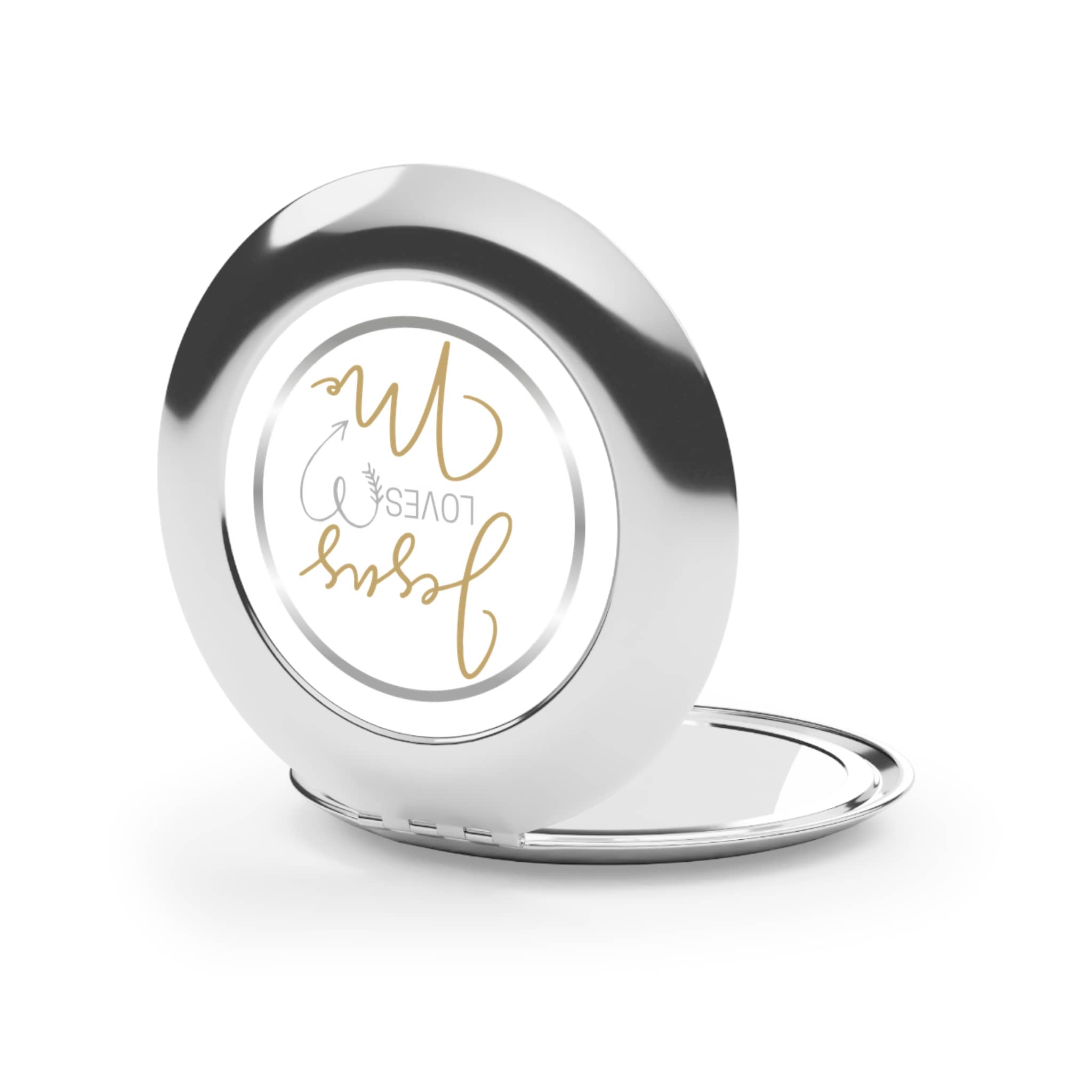 Jesus Loves Me faith mirror in silver with elegant gold lettering and a sleek design