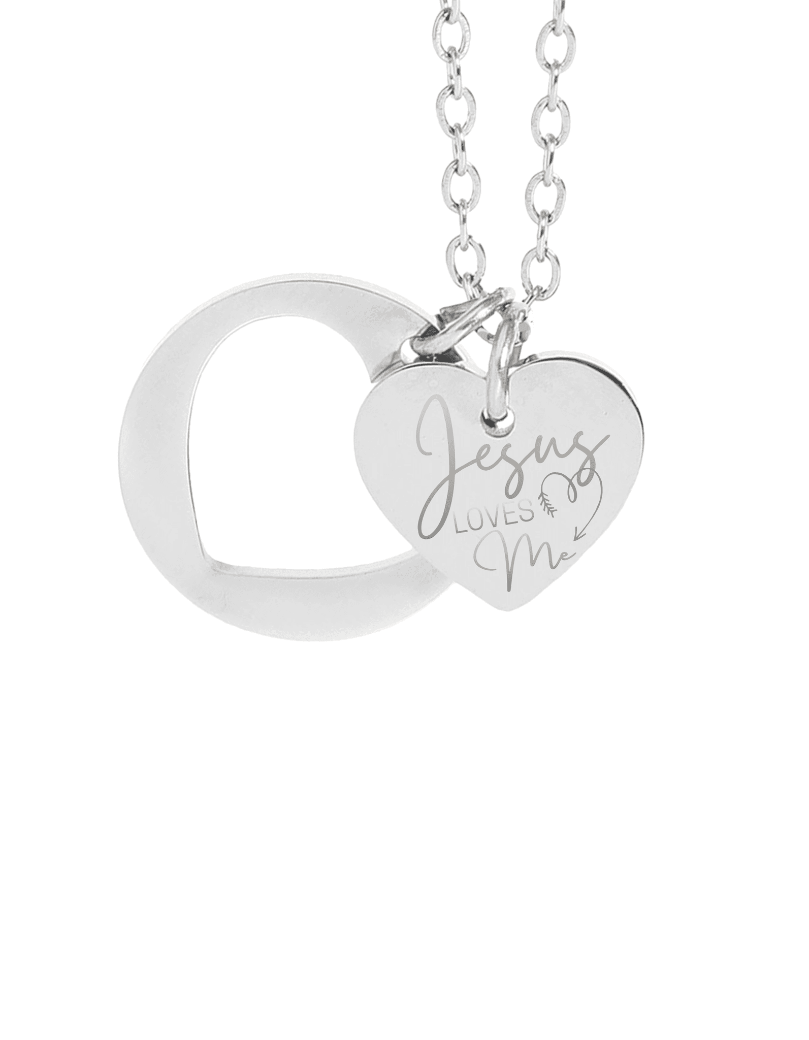 Silver Jesus Loves Me Heart Necklace with a heart pendant and loop, showcasing a loving message