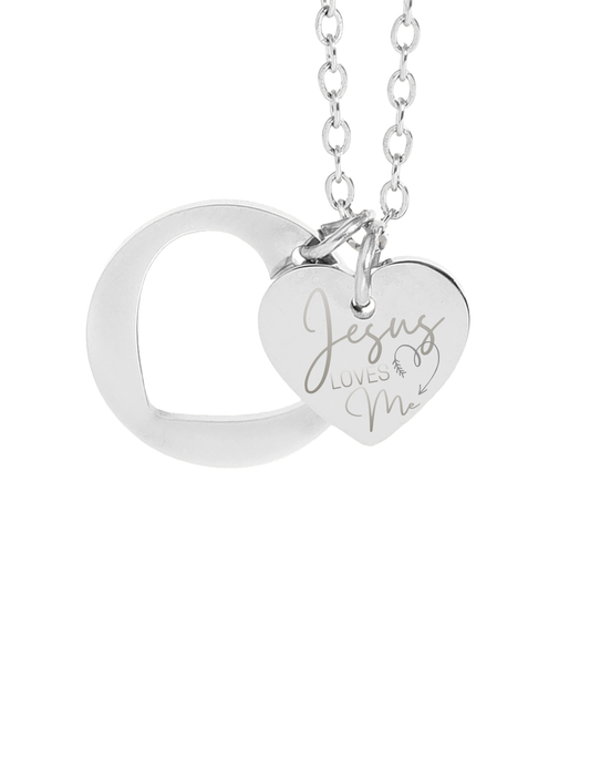 Silver Jesus Loves Me Heart Necklace with a heart pendant and loop, showcasing a loving message