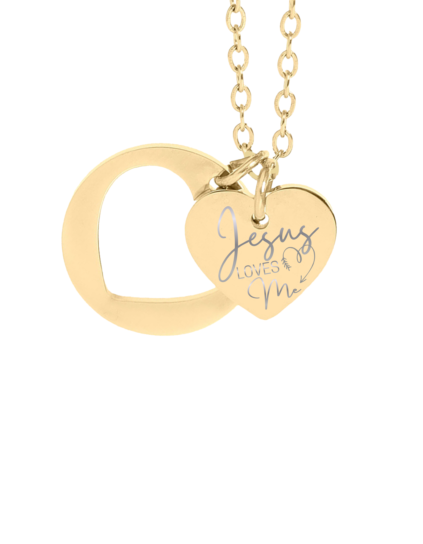 Gold Jesus Loves Me Heart Necklace with heart and circle pendant, front view