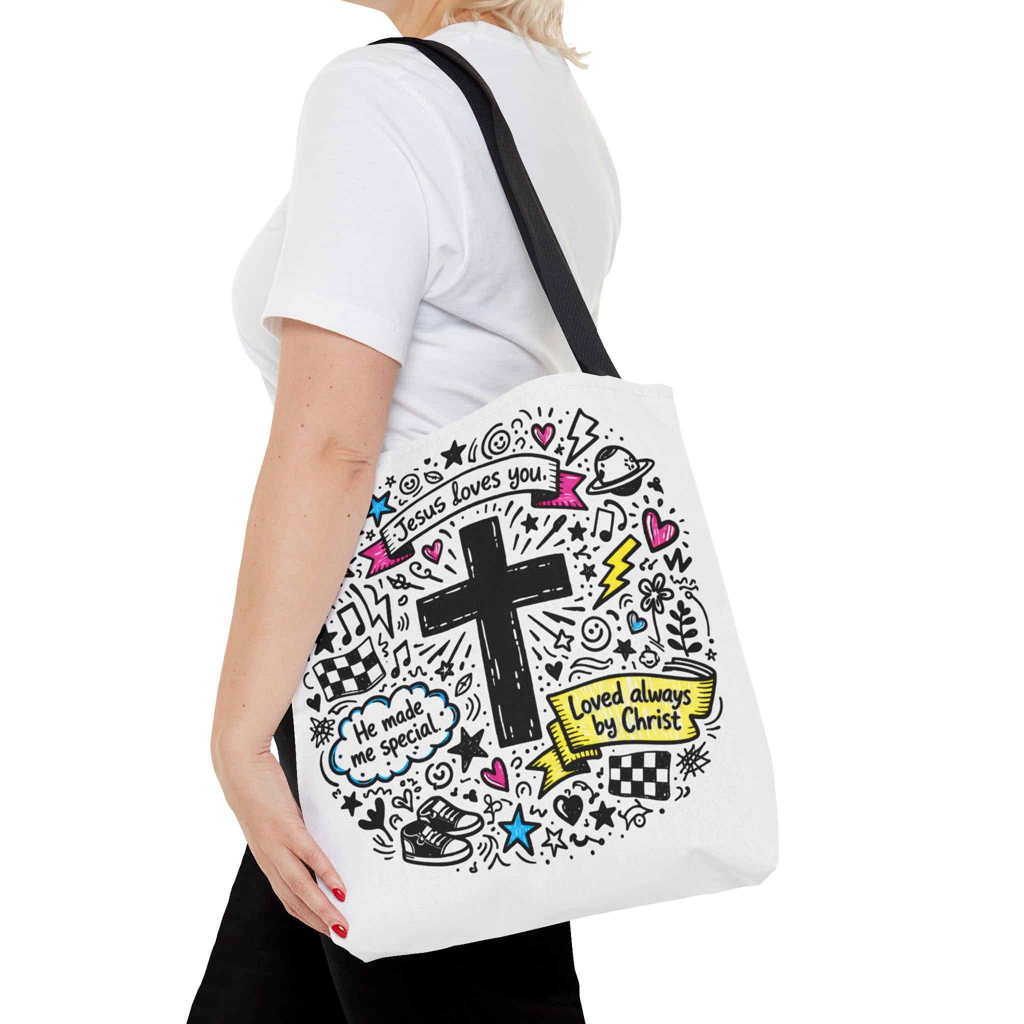 Canvas Jesus Loves You Doodle Tote in white featuring colorful doodles and inspirational phrases, front view