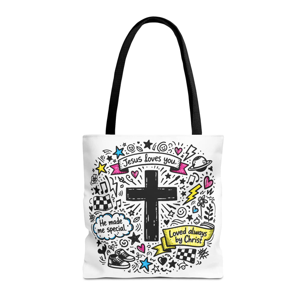 Canvas Jesus Loves You Doodle Tote featuring colorful doodles and a cross design, front view