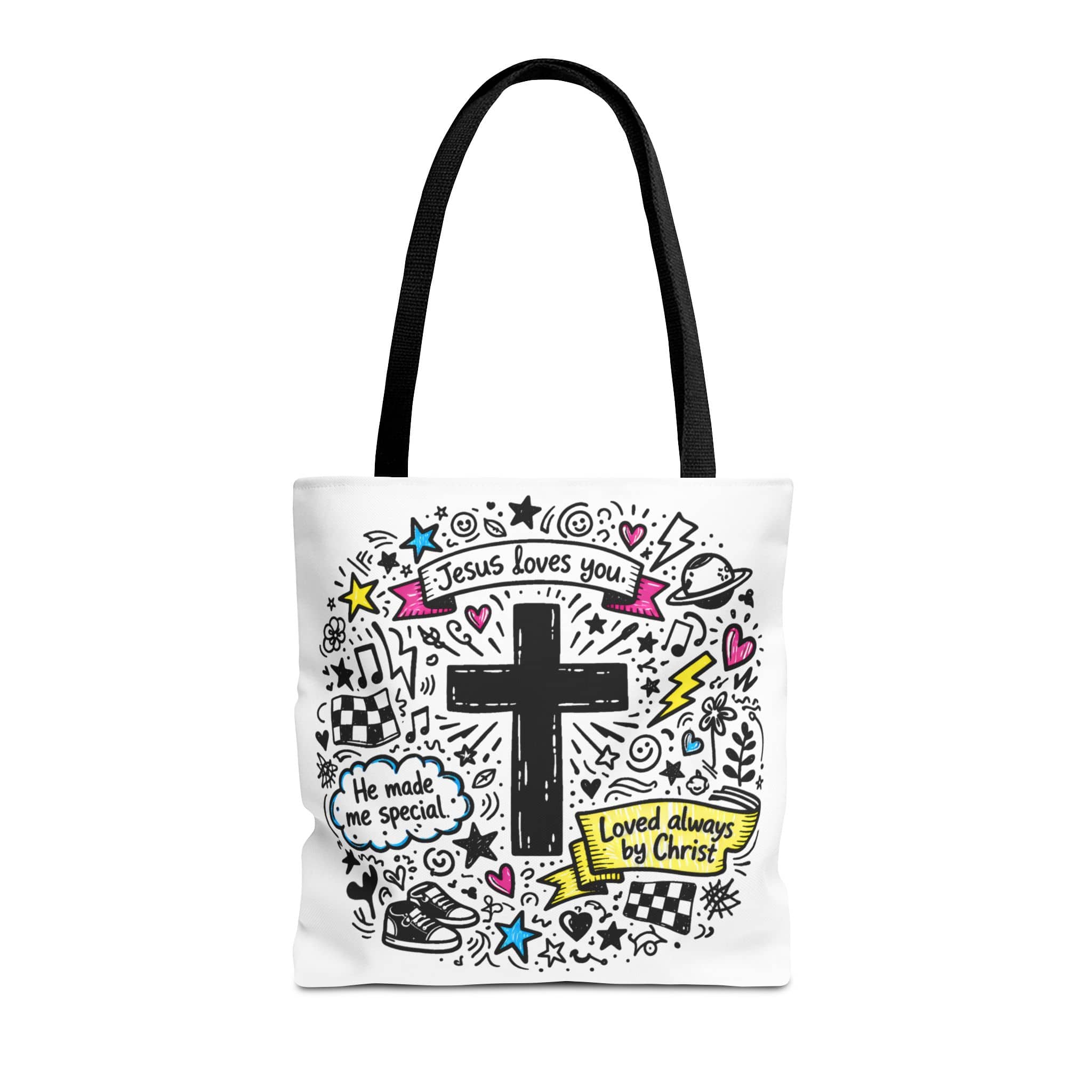 Canvas Jesus Loves You Doodle Tote featuring colorful doodles and a cross design, front view