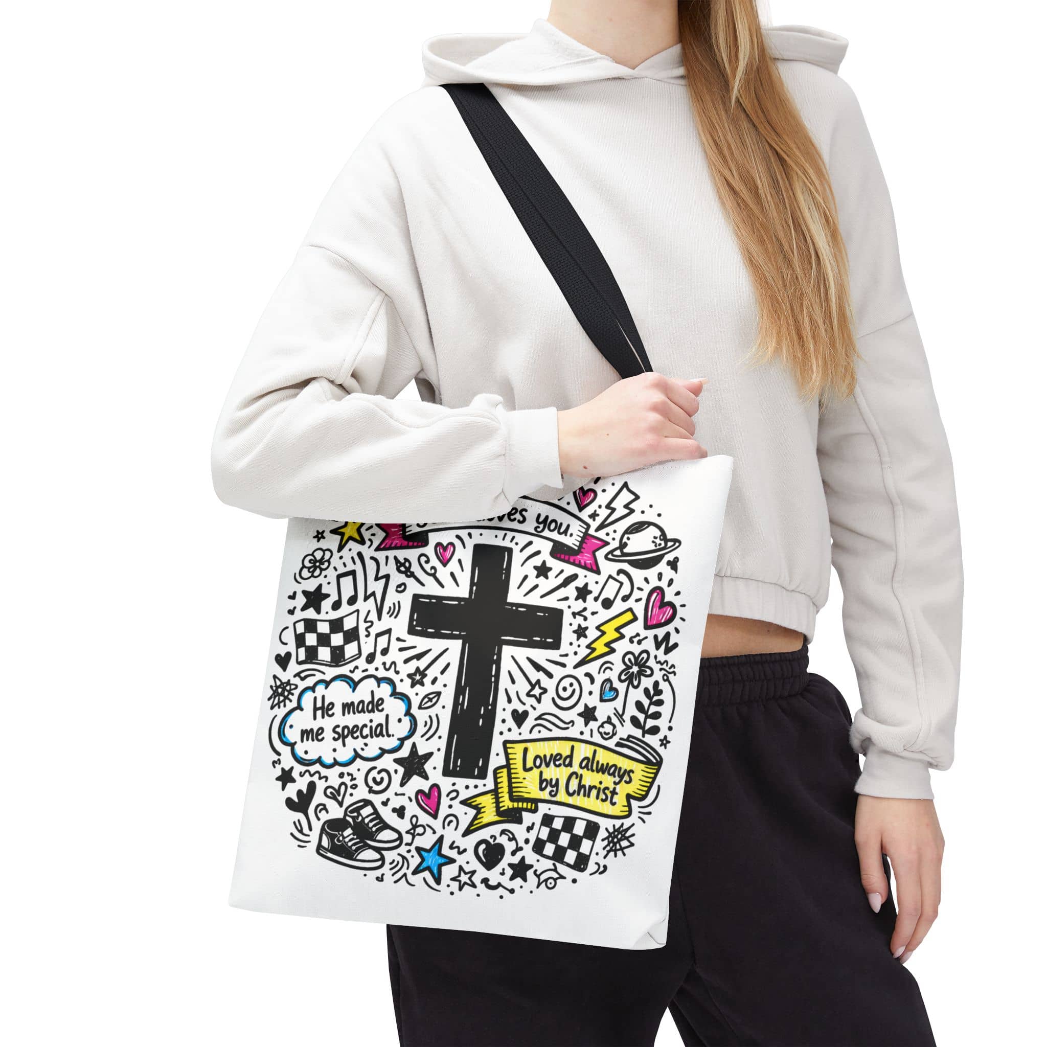 Doodle Tote with Jesus Loves You Doodle, multicolored design, front view