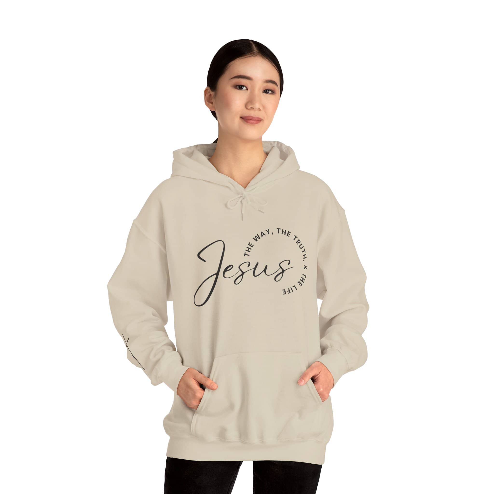 Light beige Jesus: The Way, The Truth, The Life hoodie featuring a stylish front design
