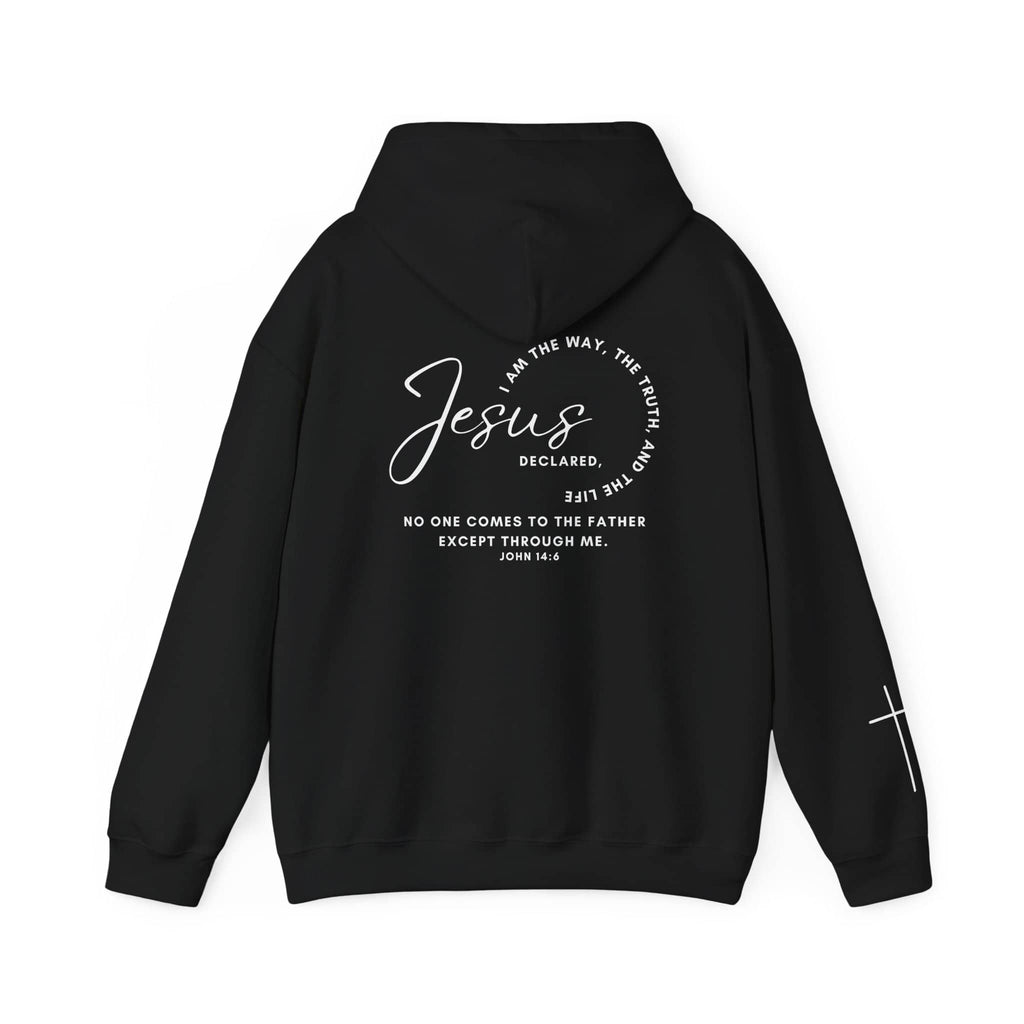 Jesus: The Way, The Truth, The Life hoodie with inspirational text printed on the back in black