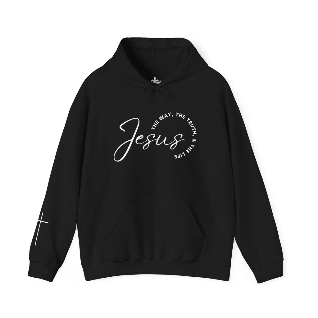Jesus: The Way, The Truth, The Life hoodie in black with elegant script design